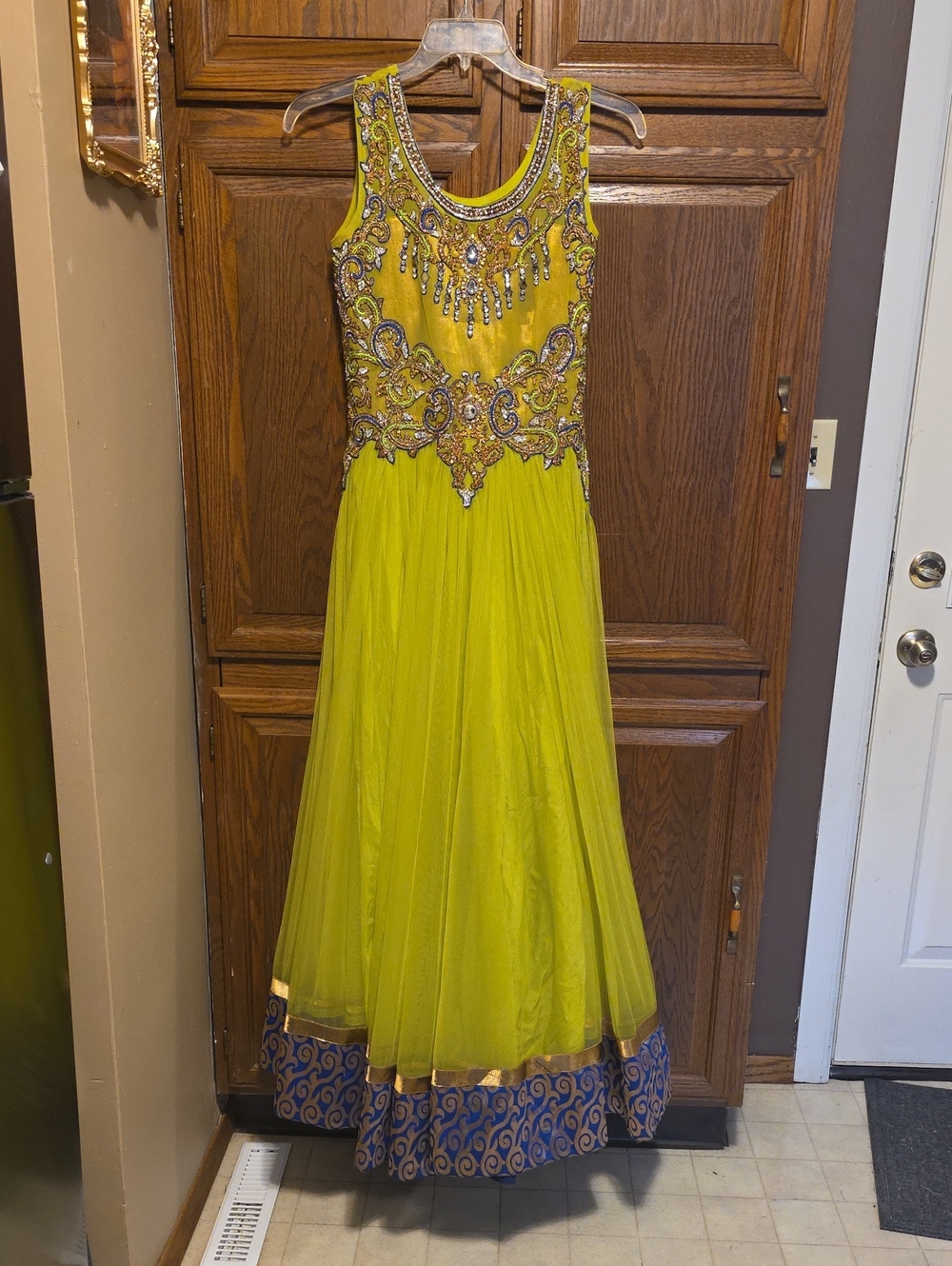 Esika Truly Ethnic Embellished Maxi Dress in Green & Blue Size 34 Like New
